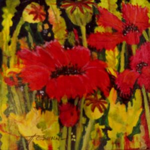 Tiny painting(4X4 inches) of poppies in various stages of development, with buds and leaves. 