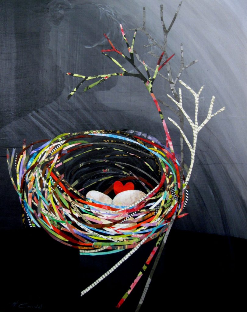 Colorful thin paper strips surrounding and branching out from a "nest-like" image. Several "egg-like" shapes and one red heart shape are "inside the nest" Background is blended gray to black abstract shapes suggesting a silhouetted figure.