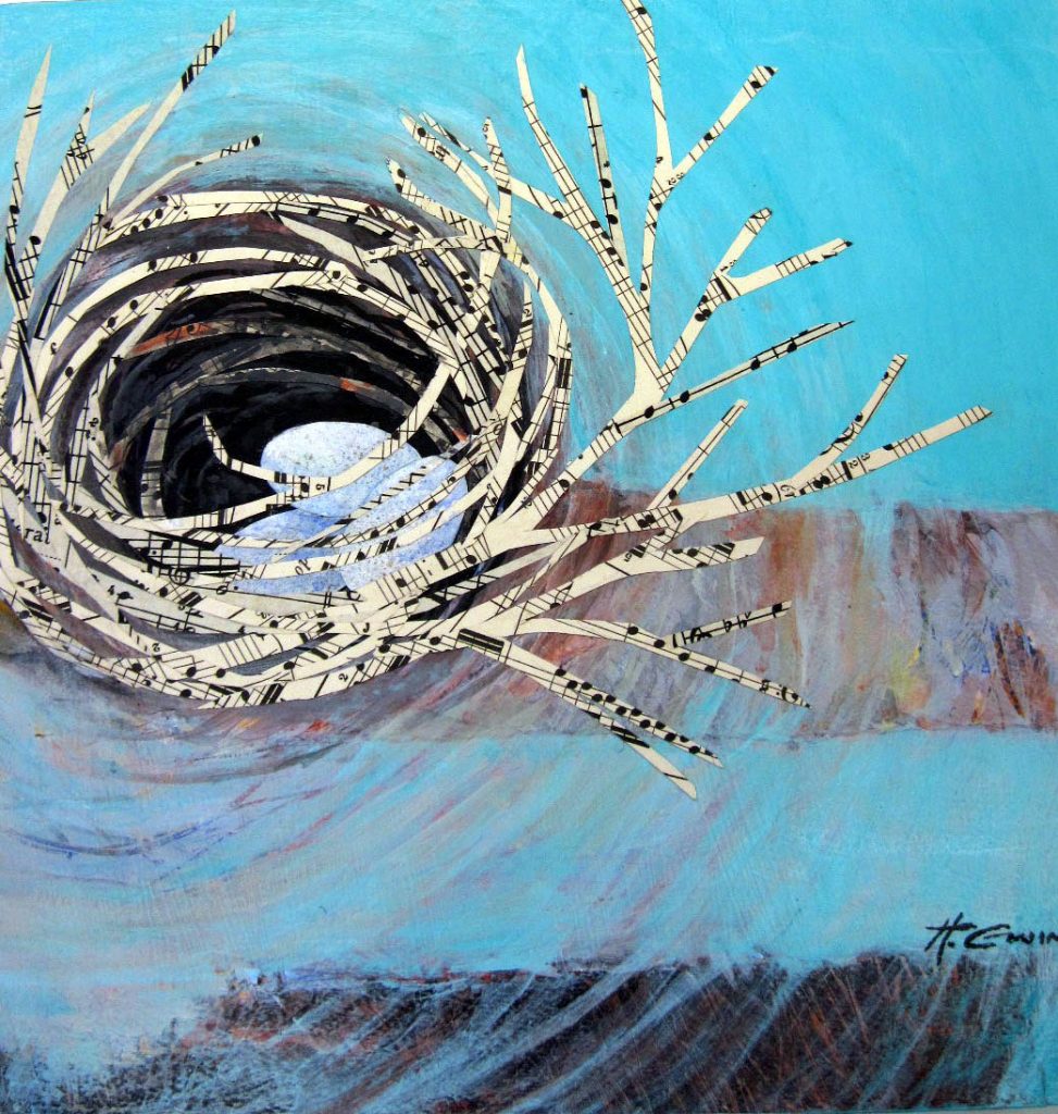 Paper collage of nest-like image. Thin paper strips cut from sheet music surrounding and branching out from "nest" containing several "egg-like" shapes on a cradled panel 12X12X2, abstract turquoise, gray, dark gray background. 
