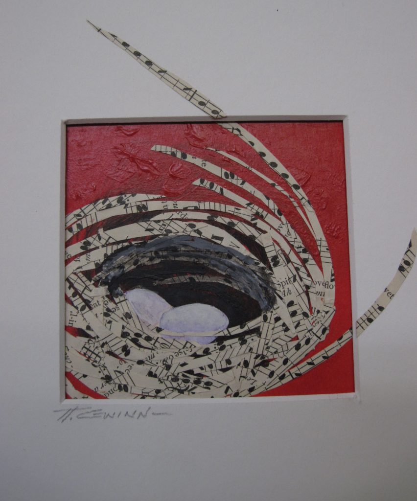 Tiny paper collage(3X3 inches) of a nest image, formed from thin slivers of sheet music, with 2 eggs. Red background. White mat, silver frame 10X10 inches.