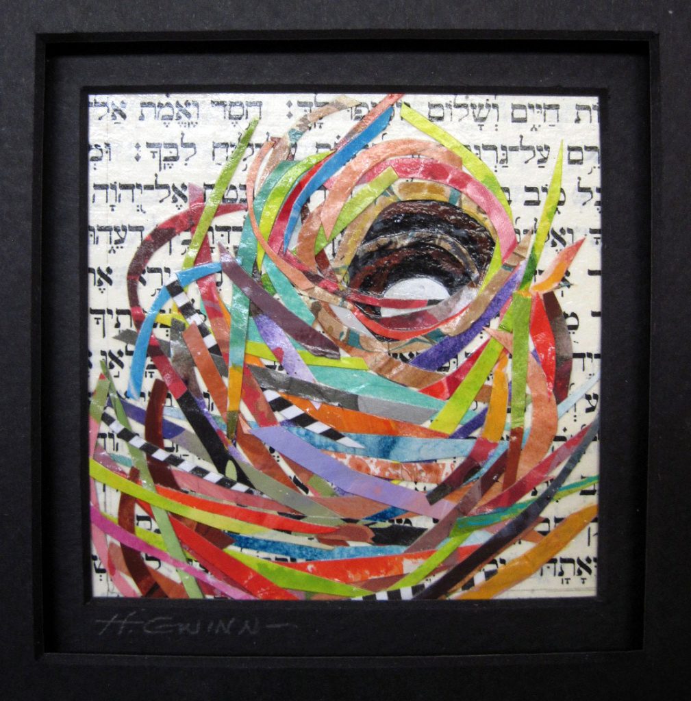 Tiny colorful paper collage of a nest image, Hebrew Bible page in background, 3X3 inches. Black mat, simple silver frame 10X10 inches. $125.00