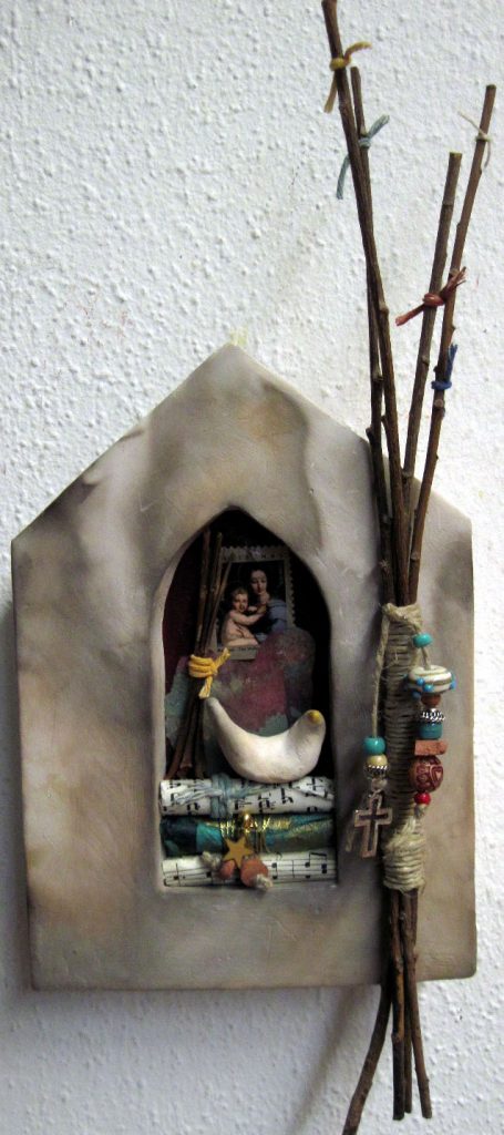 Altar Series: Gratitude, smoke-fired clay emballished with twigs, twine, beads, and postage stamp  