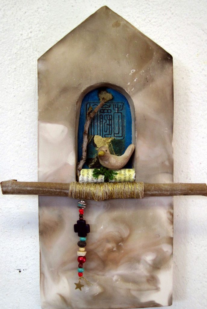 Altar Series: WONDER, smoked, embellished clay with twig, twine, papers, beads. 10.5X5.5X1 inches