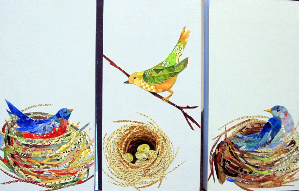 Many tiny pieces of paper collaged and composed to create images of nests & birds, blue birds left and right panels, yellow bird in center.