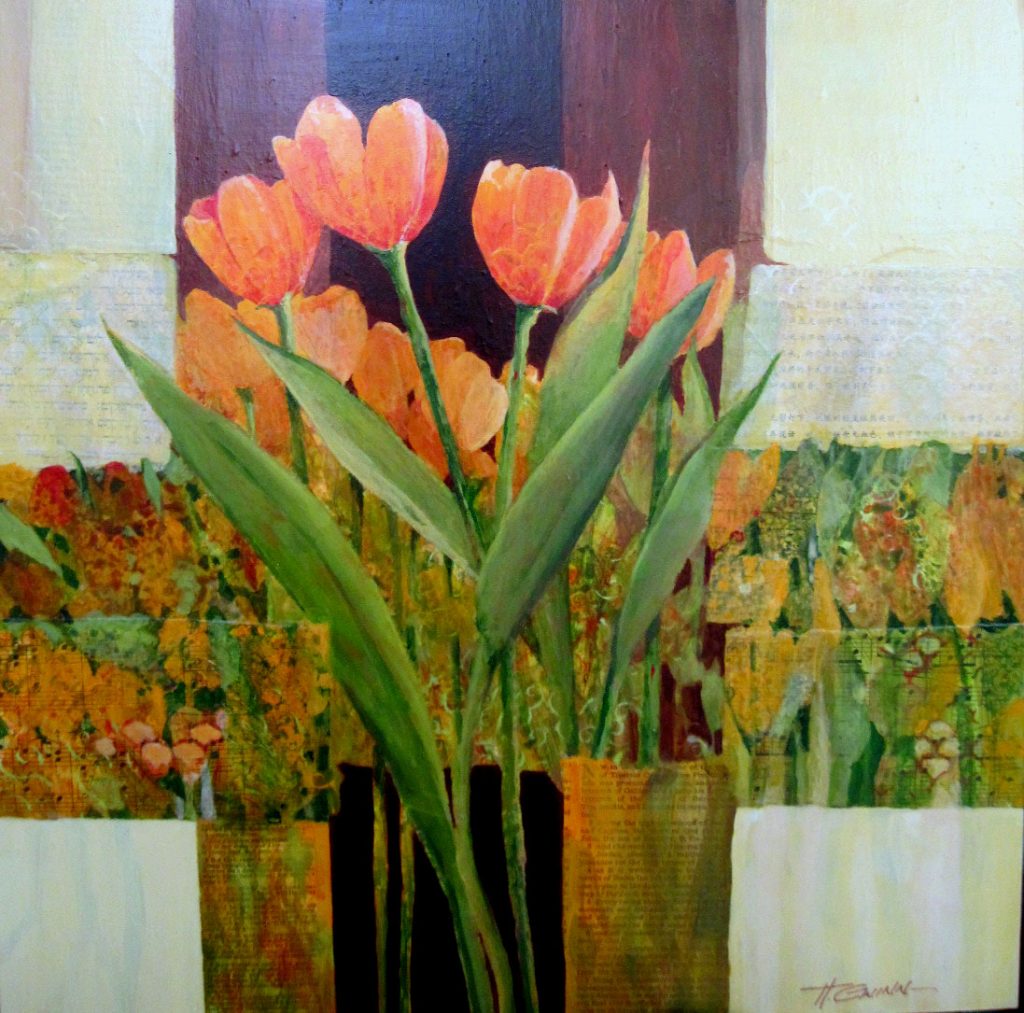 RISE AND SHINE Orange tulips in an abstract cruciform composition of flora shapes and angular shades of brown geometric shapes. 16X16X2 inches, cradled panel