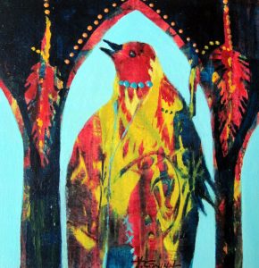 This painting is a stylized crow in a turquoise cathedral arched window shape. The crow is outfitted with colorful clothing including turquoise necklace. 