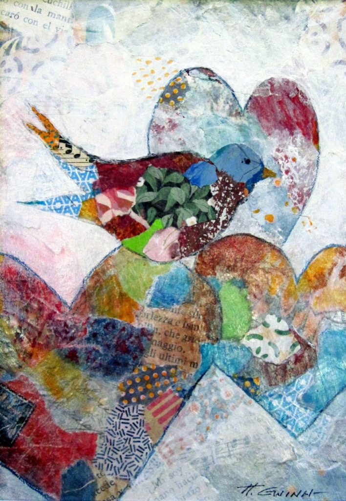 collage with three valentine shapes, overlapping each other and the edges of the image, with a collaged bird shape mounted above two of the valentine shapes. Background subtle collaged overlaid with a film of white. 