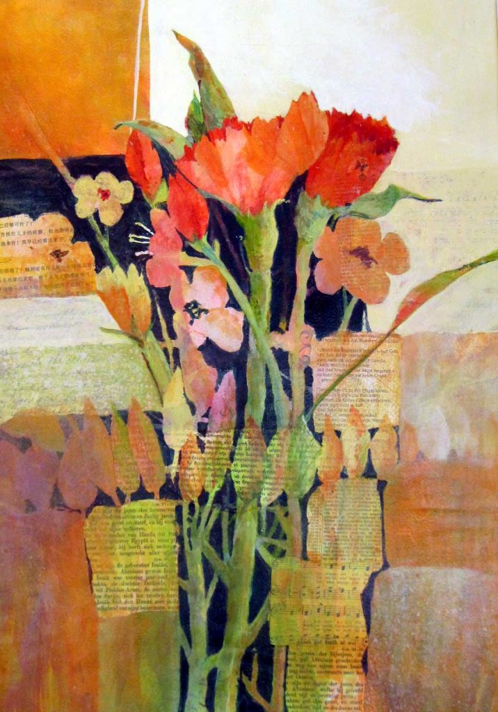 Colorful abstract floral composition on archival paper with rosy, apricot, pale coral and light green imagery. Barely visible are collaged papers from old scripture and musical texts. Matted and framed 27X21 inches in textured gold-leaf frame.